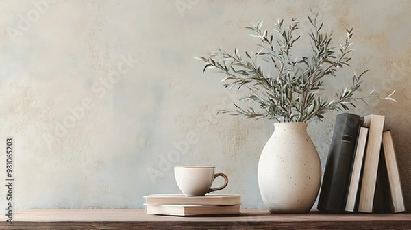 Fototapeta A serene tabletop arrangement featuring a vase with foliage, a cup, and stacked books.