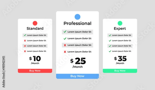 Obraz 3 column comparison price chart template design for web business