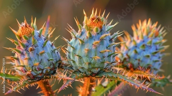 Fototapeta Three spiky, blue-green flower buds on a green stem with thorns, bathed in warm, golden sunlight.