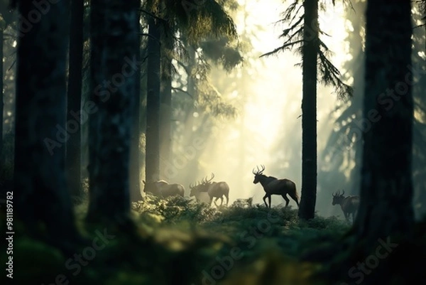 Fototapeta A serene forest scene illuminated by soft, morning sunlight, featuring a group of majestic deer with antlers walking gracefully through the dense woods.