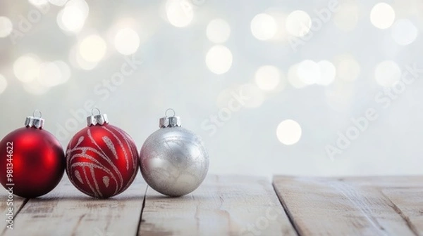 Obraz Colorful Holiday Ornaments on a Wooden Surface With a Blurred Background of Lights