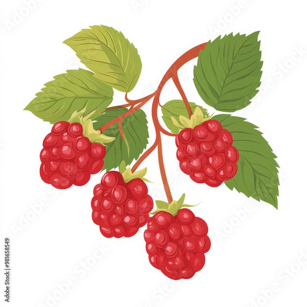 Fototapeta Flat illustration of ripe thimbleberries, rendered in vibrant red tones and minimalistic details, isolated on a white background.