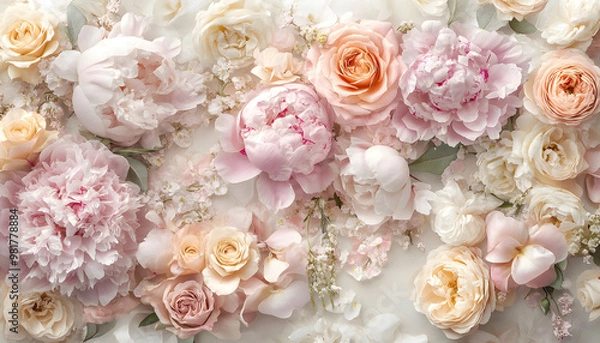 Fototapeta Soft, blooming peonies and roses in pastel shades, adding a delicate and feminine touch