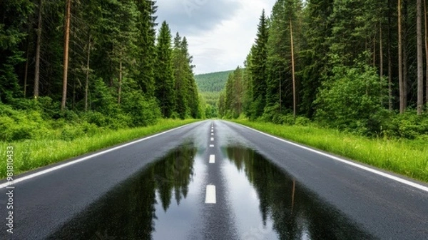 Fototapeta A straight wet road reflects pine trees on either side, cutting through a dense green forest after a rainfall, under an overcast sky..