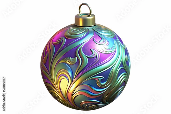 Obraz 3D Close-Up of Holographic Christmas Bauble Icon | Macro Shot of Intricate Patterns & Vibrant Colors on White Background Symbolizing Holiday Joy