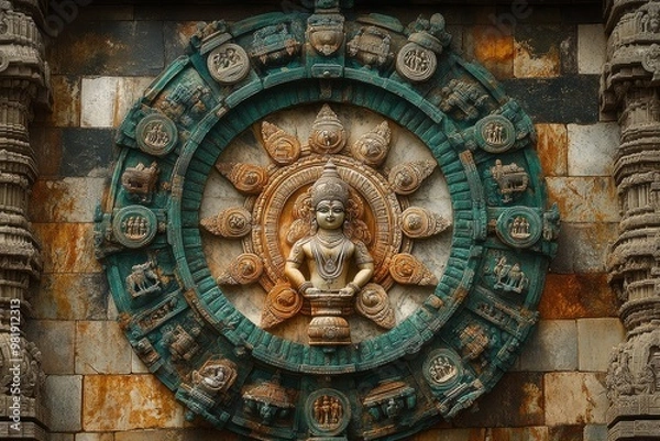 Fototapeta Hindu Deity Sculpture with Intricate Stone Carvings on Temple Wall