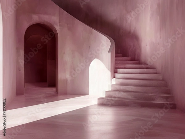 Fototapeta A serene interior scene featuring curved staircase and archways, bathed in soft pink tones. light creates tranquil atmosphere, inviting exploration and reflection. 