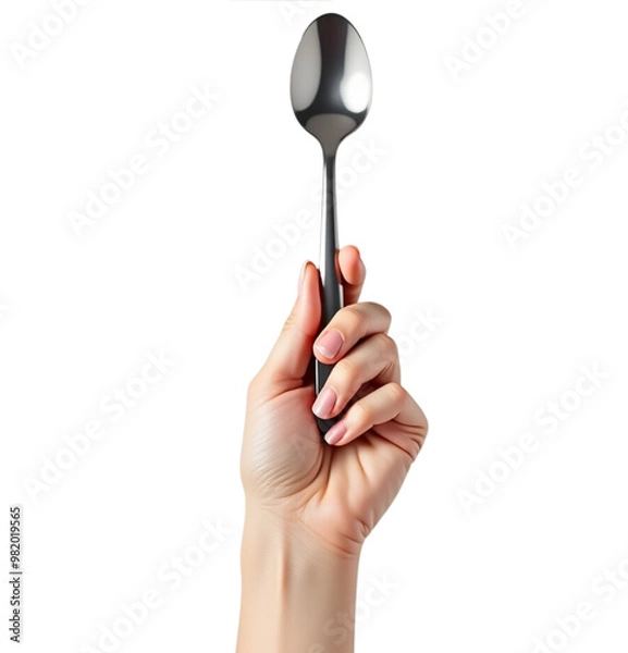 Fototapeta Hand holding a steel spoon on Isolated transparent background png. generated with AI