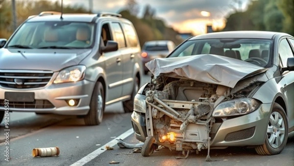 Fototapeta Vehicle Wreckage After a Severe Accident on a Busy Road
