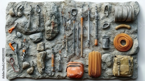 Fototapeta Collection of climbing gear arranged on a textured rock background.