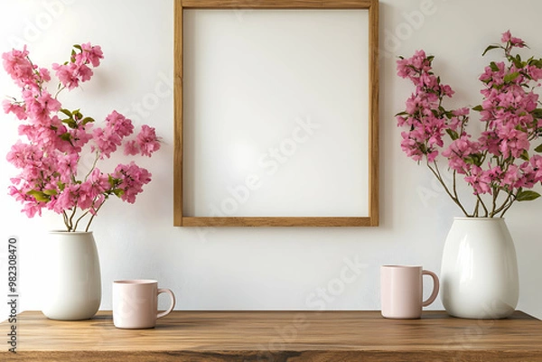 Fototapeta Empty wooden picture frame mockup hanging on white wall background. Boho-shaped vases with dried flowers on table