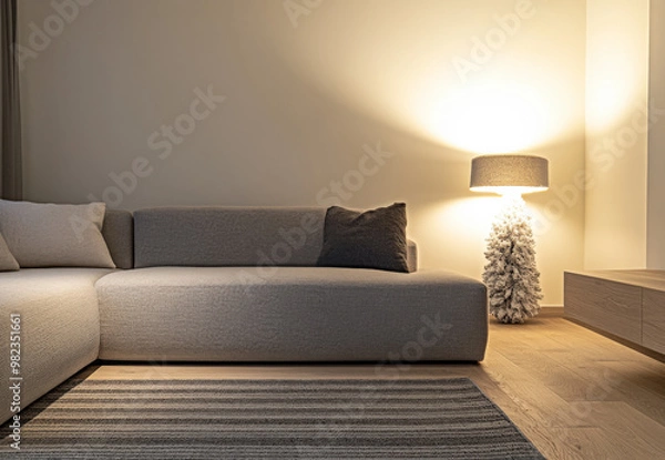 Fototapeta Cozy living room with a modern gray sectional sofa and warm lamp in a softly lit atmosphere during evening hours