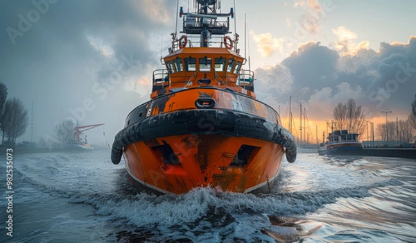 Fototapeta A large orange boat is in the water, with the sun setting in the background. The boat is surrounded by other boats, and the water is choppy. The scene has a sense of motion and energy