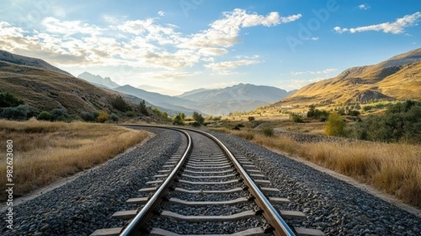 Fototapeta A view of railway tracks curving through a mountainous region with a clear, open sky. The unobstructed space around the tracks allows for easy text addition.