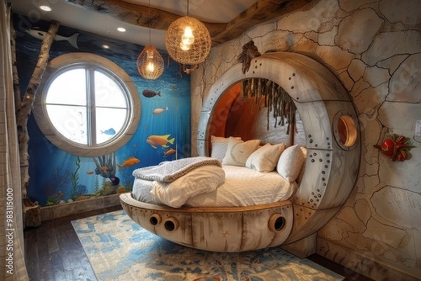 Fototapeta A unique and whimsical bedroom with a round bed, a porthole window, and nautical decor.