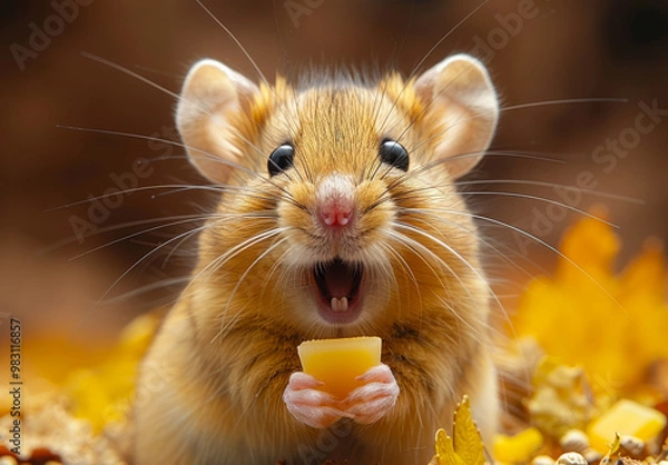 Fototapeta Cheerful mouse munches cheese in colors. A cheerful mouse holds a piece of cheese while surrounded by vibrant autumn leaves and scattered seeds in its habitat.