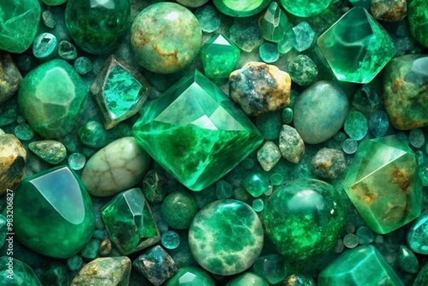 Fototapeta Various green gemstones, natural crystals, vibrant texture, decorative elements, for jewelry and design