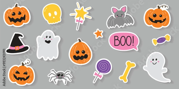 Fototapeta Collection of a hand drawn elements for Halloween. Concept of stickers.  Vector illustration