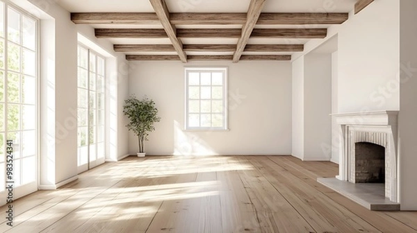 Fototapeta A bright, empty room with wooden beams and a fireplace, ideal for interior design.