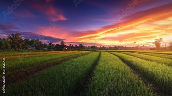 Fototapeta A peaceful rural landscape with a village on the horizon, framed by green fields and a colorful evening sky, perfect for nature themes