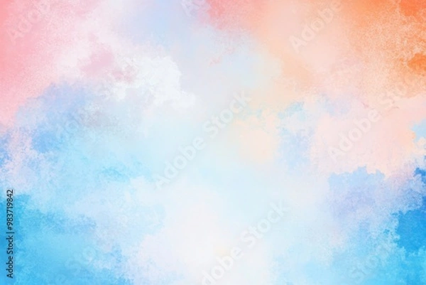 Fototapeta  Abstract watercolor background with pastel blue, pink, sky blue, and orange hues blending in a soft gradient for a dreamy, artistic effect.