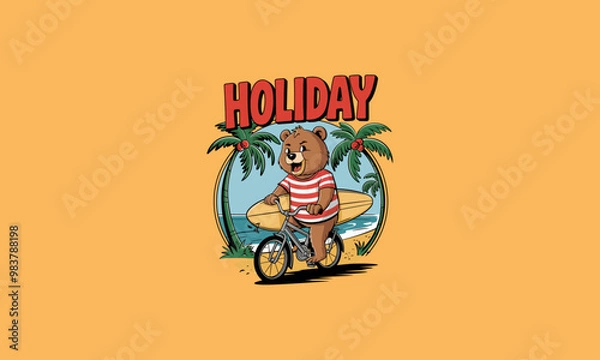 Fototapeta Bear on bike with surfboard, holiday beach scene.