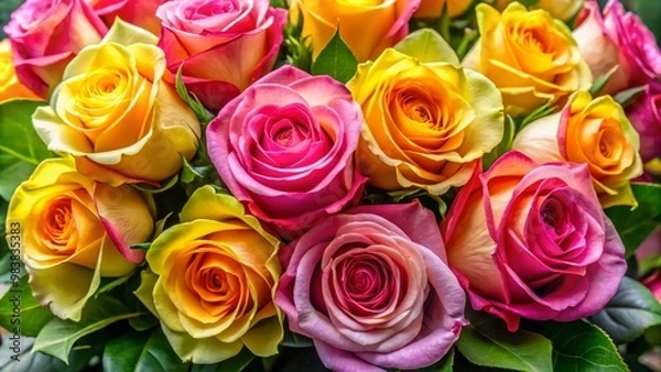 Fototapeta A bouquet of vibrant pink and yellow roses with delicate petals and lush green foliage, exuding freshness and