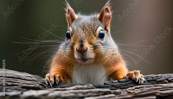 Fototapeta Surprised Red Squirrel Curiously Peering from a Log