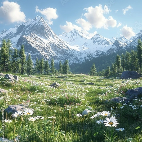 Fototapeta Mountain meadow filled with alpine flowers, snow-capped peaks in the distance, and a crisp, clear sky, refreshing and natural