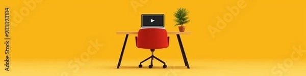 Fototapeta A modern workspace featuring a red chair, laptop on a desk, and a potted plant against a vibrant yellow background.