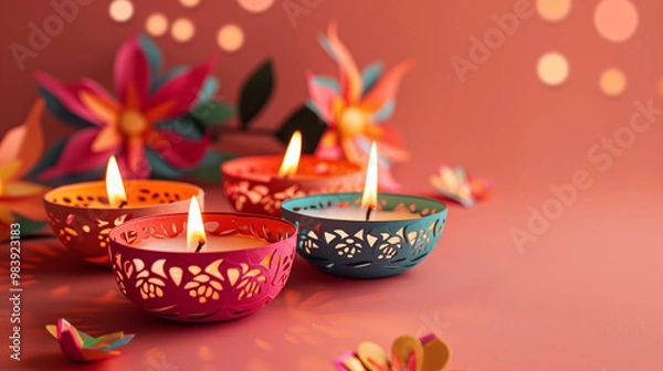 Obraz A creative and intricate Diwali greeting card with floral patterns and diyas, reflecting the vibrant and artistic spirit of the festival of lights. A perfect image for festive greetings and decor