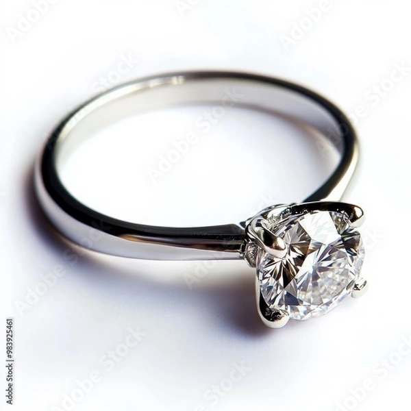 Fototapeta A close-up of a solitaire diamond ring, perfectly isolated on a white background to emphasize its clarity and sparkle