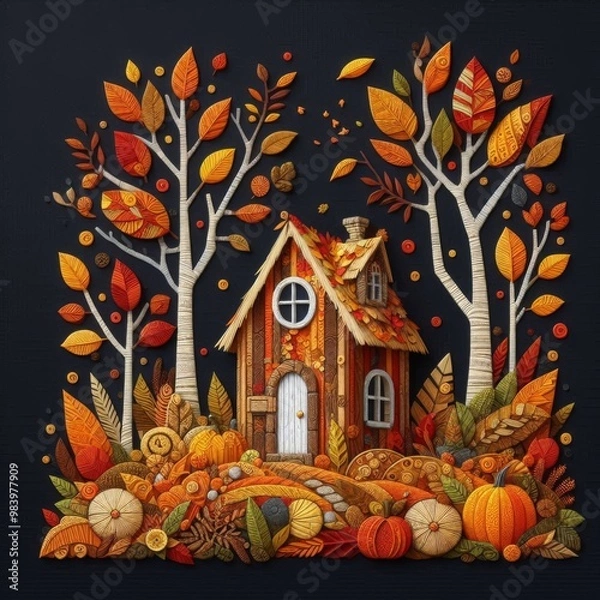 Fototapeta Autumn Cabin Surrounded by Leaves