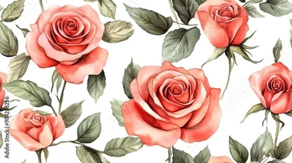 Fototapeta Seamless floral pattern featuring elegant watercolor illustrations of roses