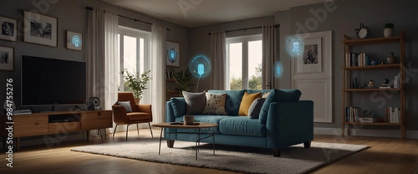 Fototapeta illustrate the concept of the Internet of Things with an image of a smart home, featuring various connected devices and appliances, shot from a low angle with a wide-angle lens