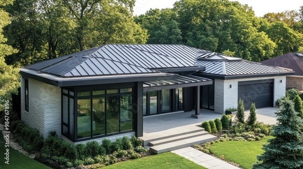 Fototapeta Modern roofing designs, featuring sleek, minimalist styles with a combination of metal and glass roofing elements