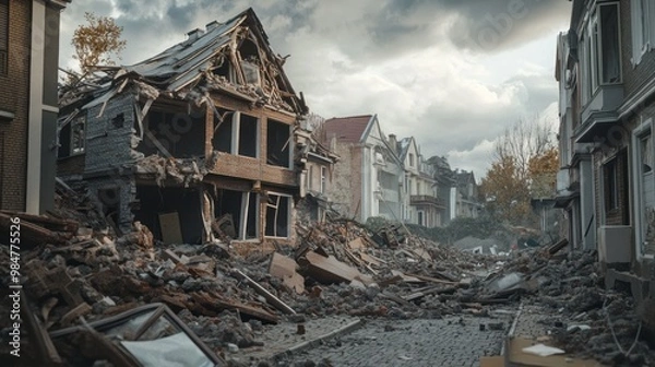 Fototapeta A haunting scene of destruction, showcasing a damaged neighborhood after a natural disaster, with debris scattered across the street.