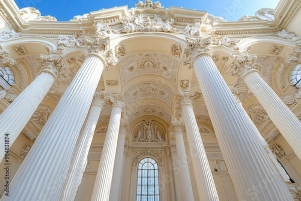 Fototapeta A grand palace with classical architecture, featuring tall columns, arches, and ornate detailing