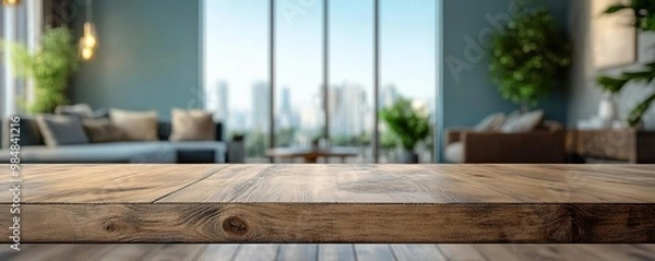 Fototapeta Elegant wooden table in a modern living room with city view and greenery, ideal for interior design and home decor.