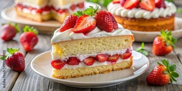 Fototapeta A Slice of Strawberry Cake on a White Plate, Dessert ,Cake ,Strawberry