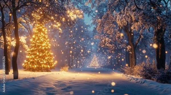 Fototapeta A winter wonderland scene with gently falling snow, frosted trees, and a brightly lit Christmas tree in the distance.