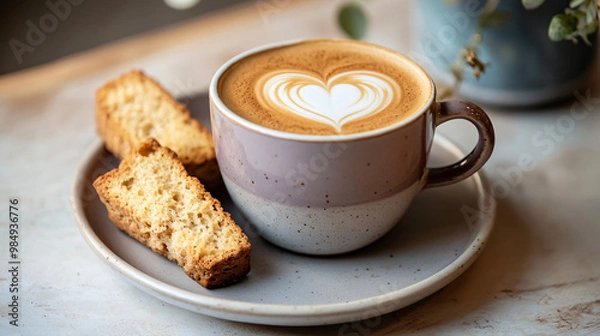 Fototapeta A fresh and inviting coffee scene with a latte art heart in a cup and a side of biscotti.