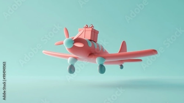 Fototapeta A red toy plane flying with a red gift box on top.