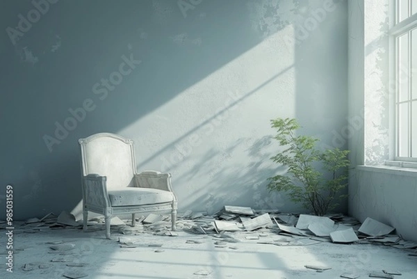 Fototapeta A minimalistic interior of a house with a broken chair and scattered debris after an earthquake, featuring soft blue walls and a small plant by the window