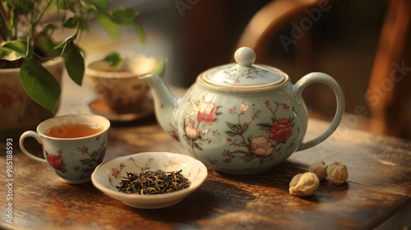 Fototapeta A charming tea setup with a delicate porcelain teapot, a matching teacup, and a selection of loose tea leaves.