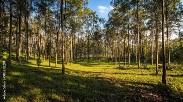 Fototapeta A serene forest scene with tall trees and lush greenery under a clear blue sky.