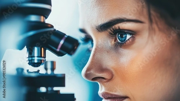 Fototapeta Close-up of a researcher face as they analyze samples through a microscope, highlighting laboratory details