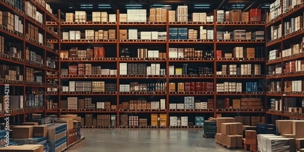 Fototapeta A large warehouse with stacked boxes on shelves and pallets in the middle of the aisle, with a forklift in the background.