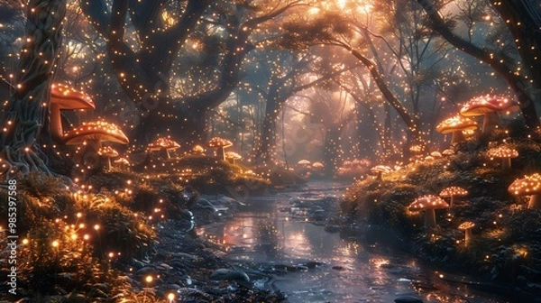 Fototapeta Magical forest with glowing mushrooms fireflies and a shimmering fairy floating near a crystalclear stream