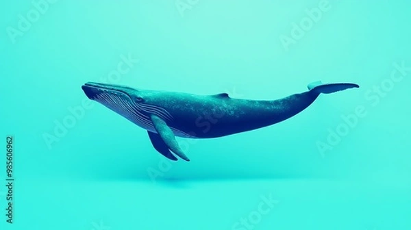 Fototapeta A blue whale swims through a blue ocean.